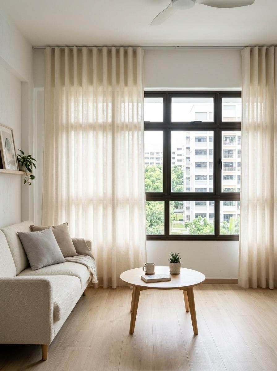 Modern minimal HDB living room with ripple-fold curtains