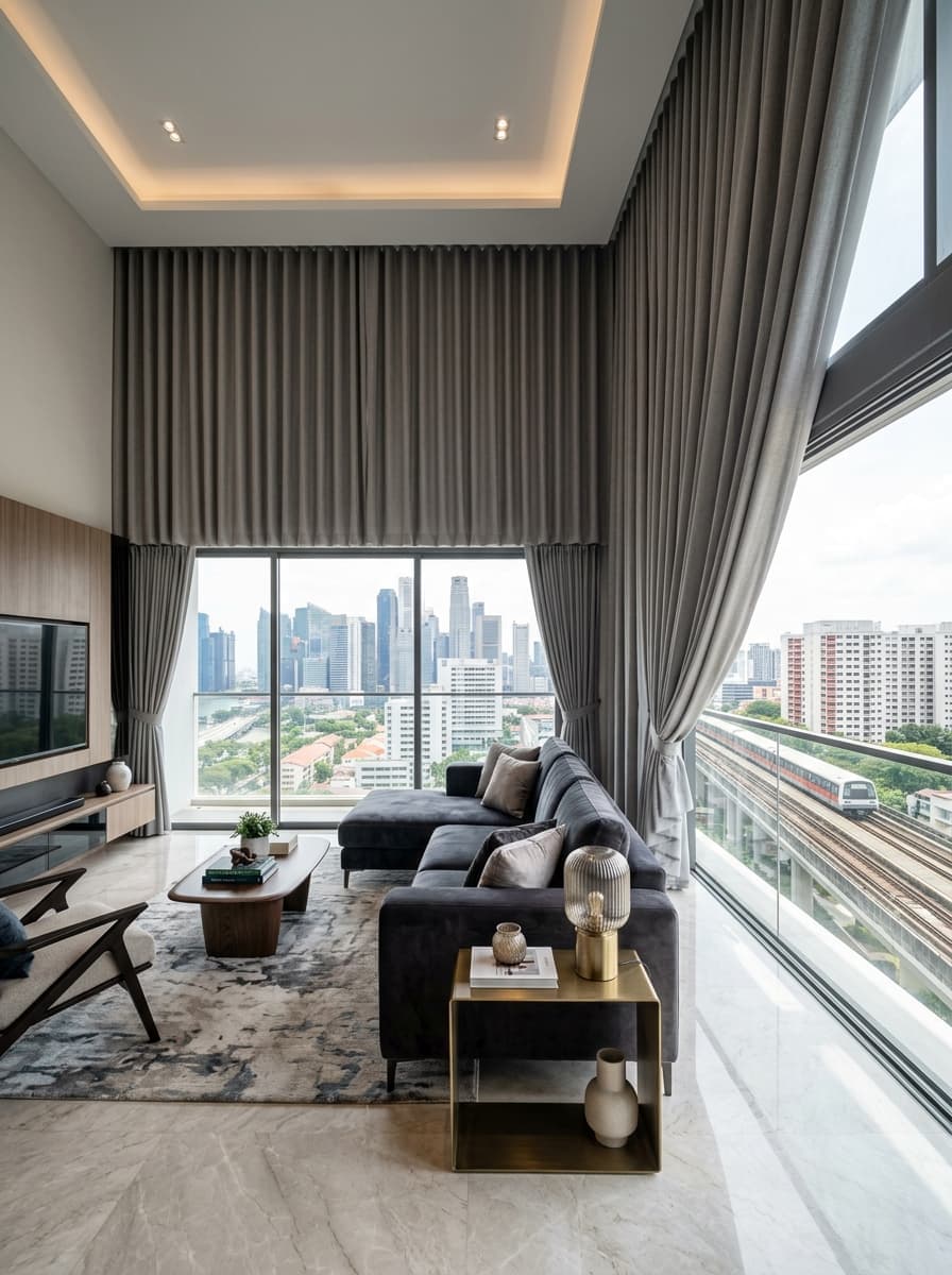 Luxury modern condo living room with dove grey ripple-fold curtains