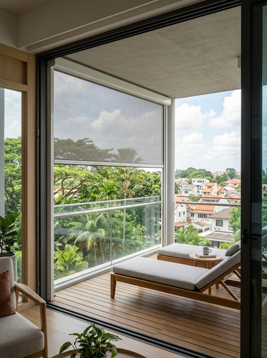 Condo balcony with a white outdoor zip blind
