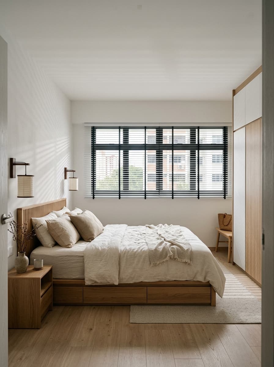 Japandi HDB bedroom with white venetian blinds