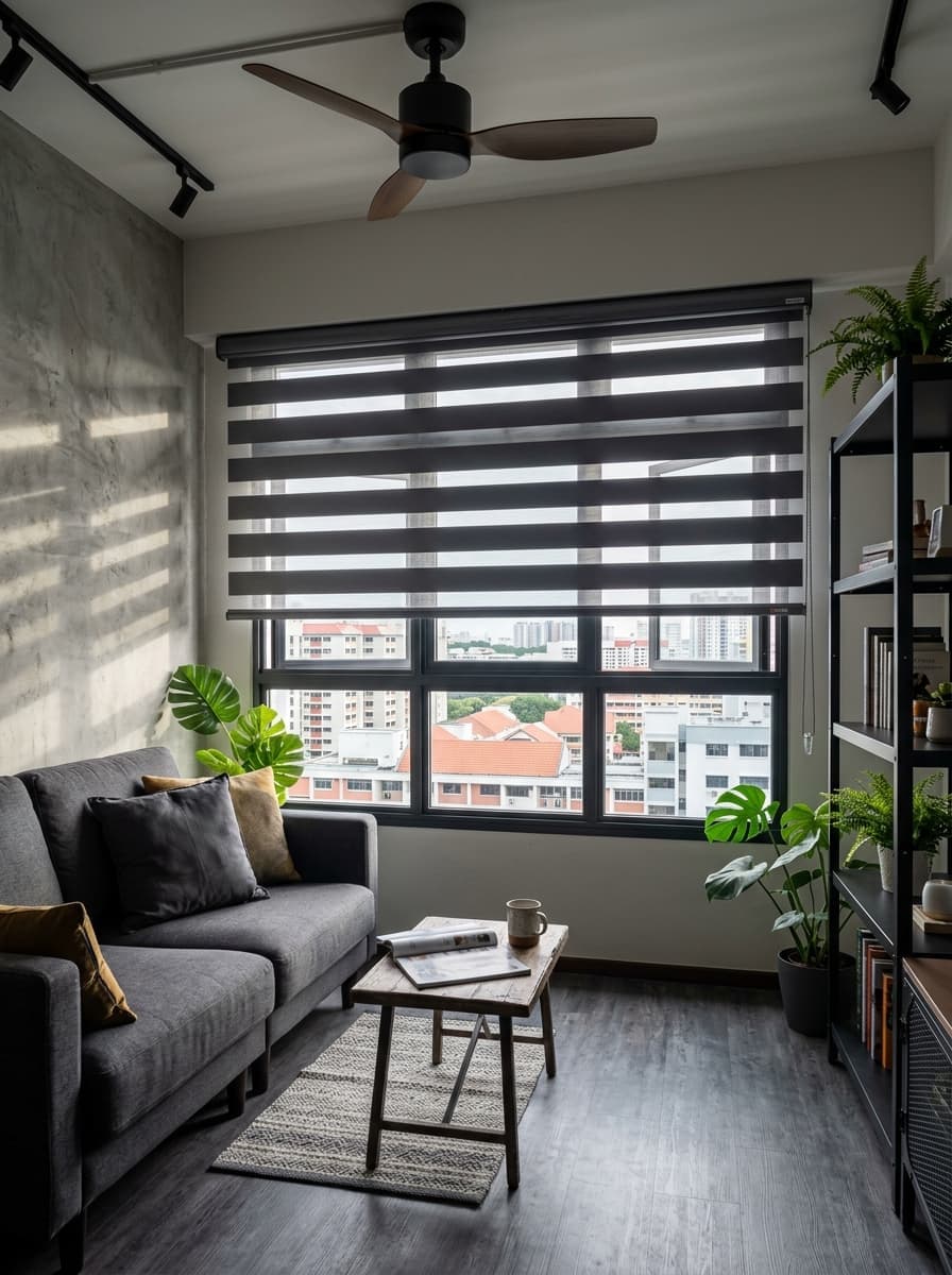 Industrial HDB living room with slate grey zebra blind