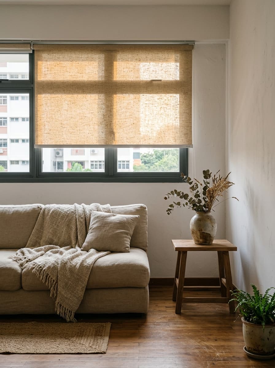 Wabi-sabi HDB living room with sand roller blind