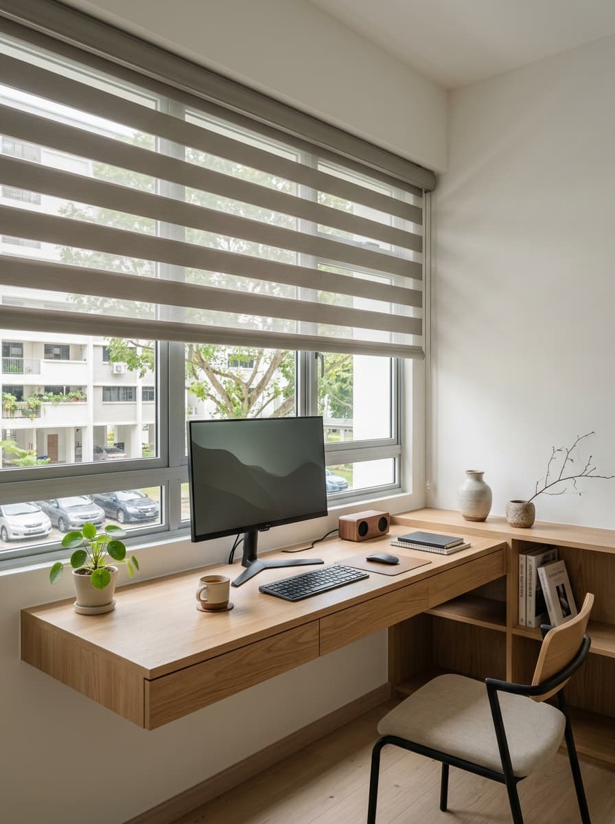 Japandi HDB study with zebra day-night blind