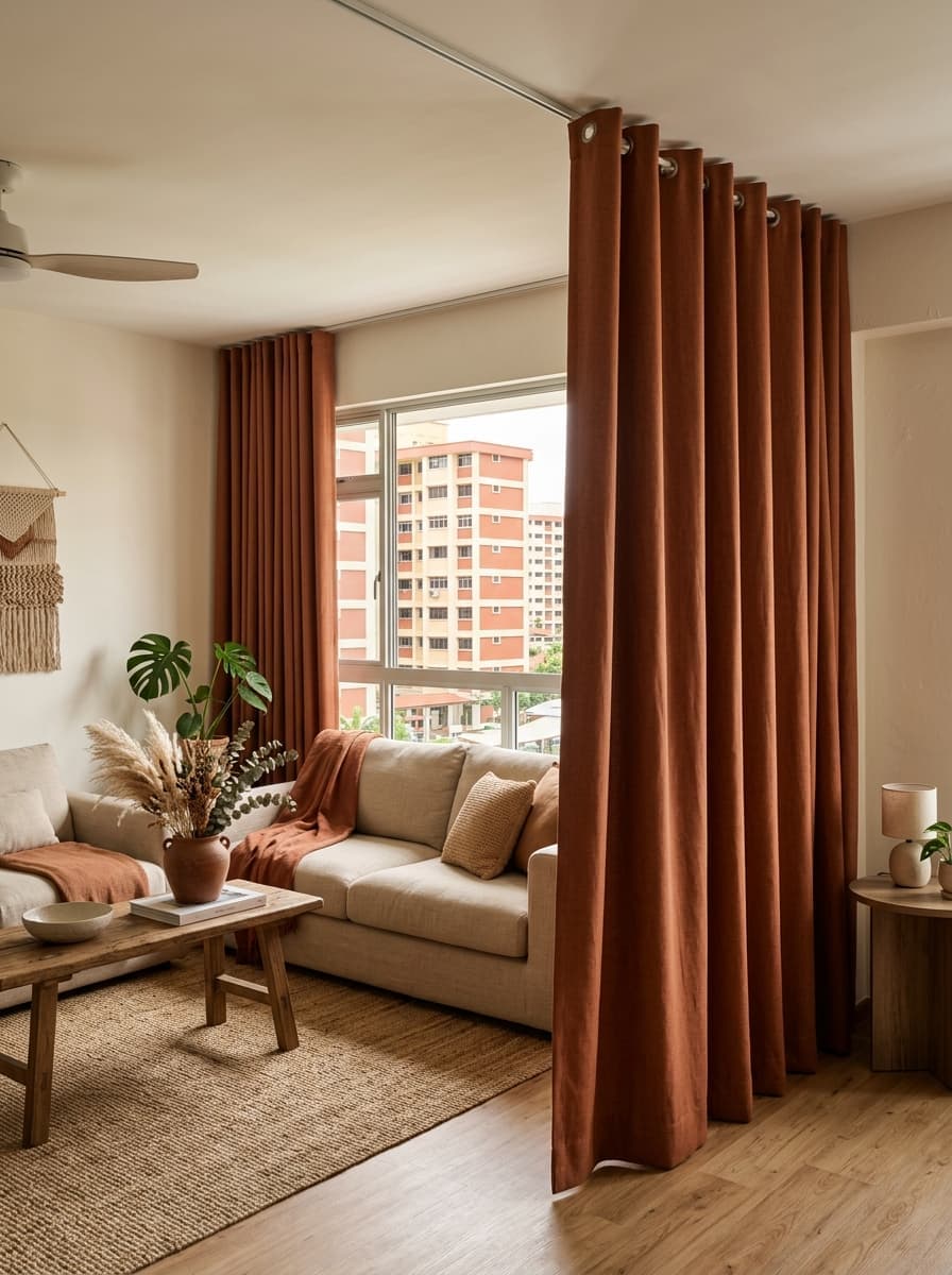 Earthy organic HDB living room with blockout curtains