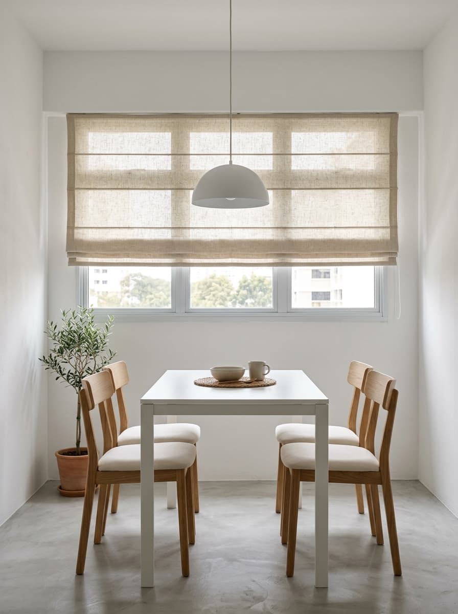 Modern minimal HDB dining area with roman blind