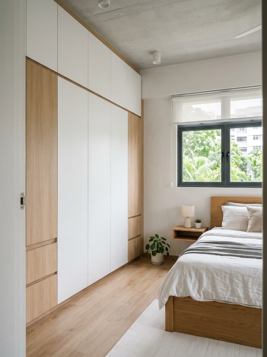 Japandi HDB bedroom with custom built-in wardrobe