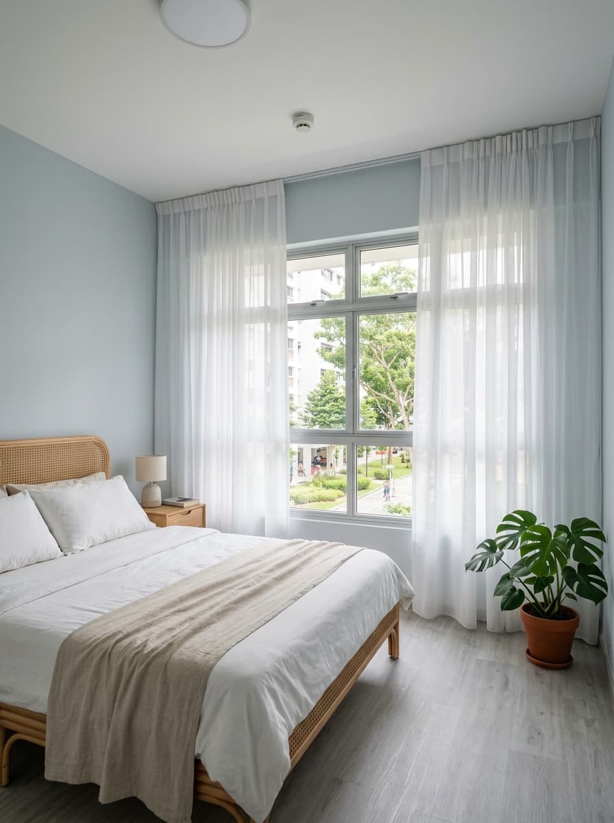 Coastal Scandi HDB bedroom with white sheer curtains
