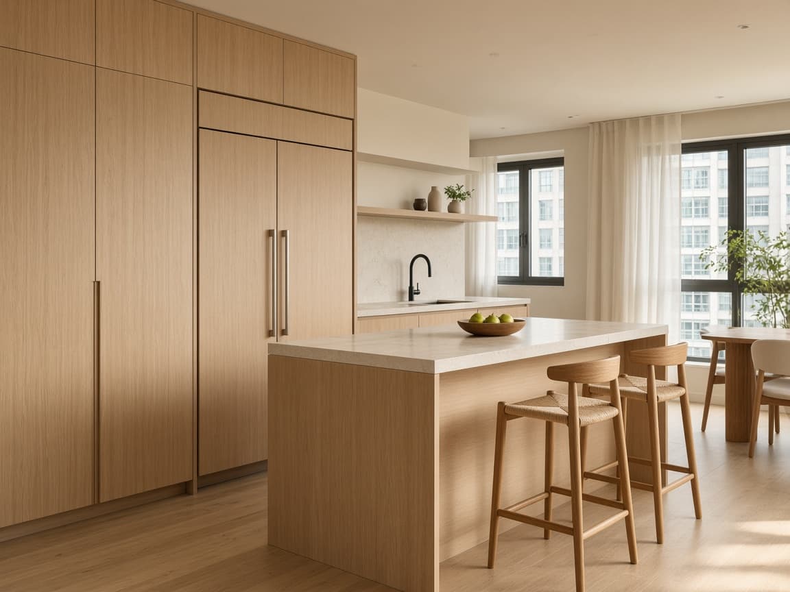 Condo kitchen island with tall pantry cabinets