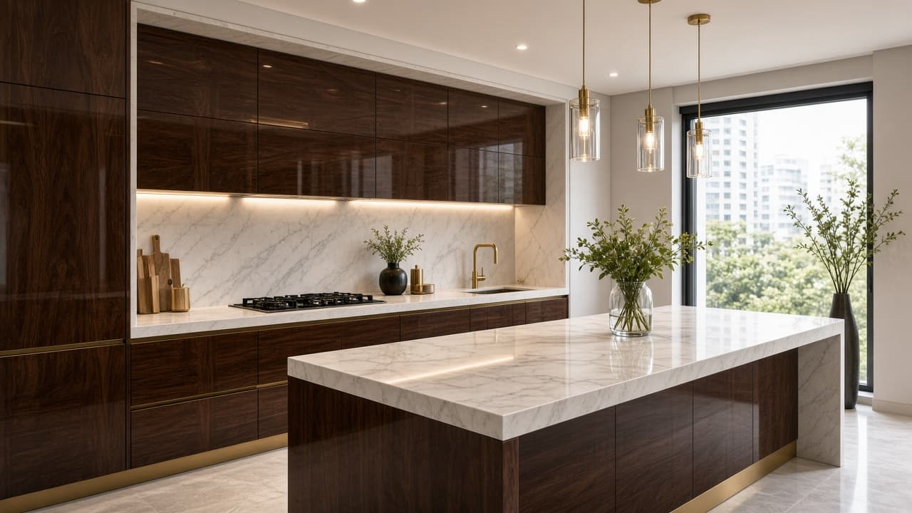 Luxury modern Singapore kitchen with dark cabinets and stone worktop