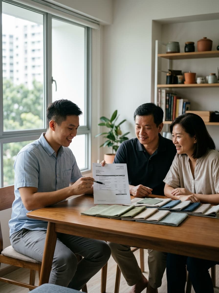 Prime Decor consultant helping Singapore homeowner choose curtains