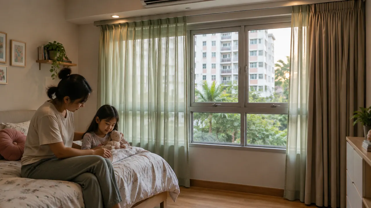 Parent and child in a Singapore HDB kids bedroom with soft sage day sheers and stacked night blackout on aluminium casements overlooking neighbouring blocks.