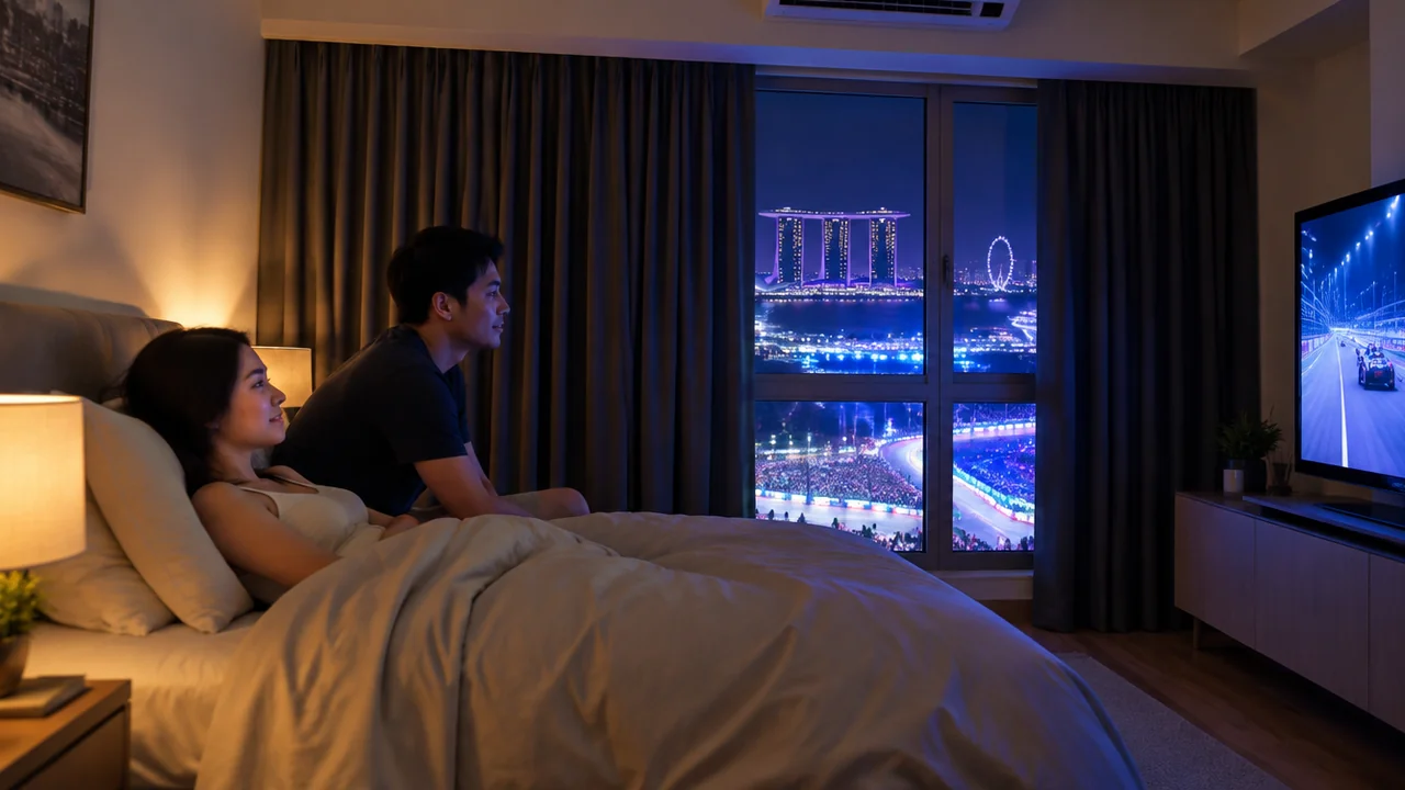 Couple in a Singapore HDB bedroom with charcoal blackout curtains on aluminium casements, watching the Singapore GP night race on TV while cool Marina Bay circuit lights glow through the window.