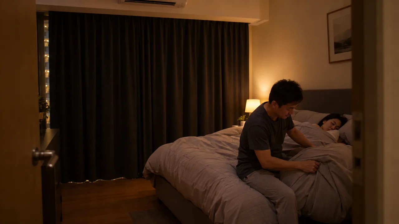 Couple settling into a Singapore HDB bedroom at night with dense charcoal blackout curtains drawn on aluminium casements under warm bedside lamp light.