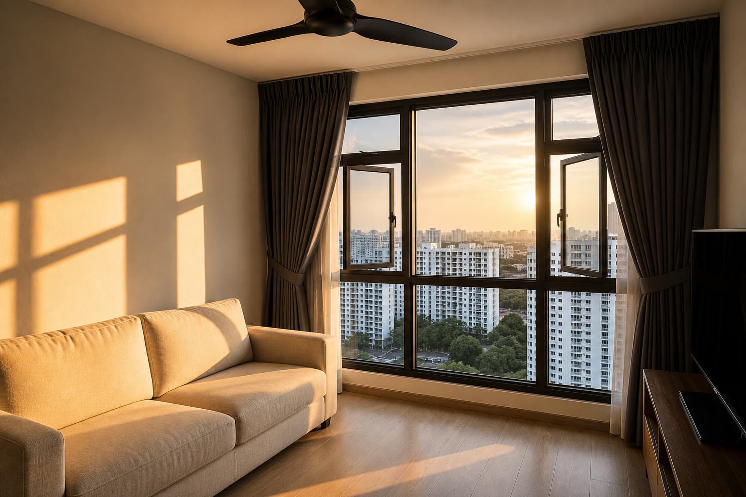 West-facing Singapore HDB living room with blackout curtains in late-afternoon sun