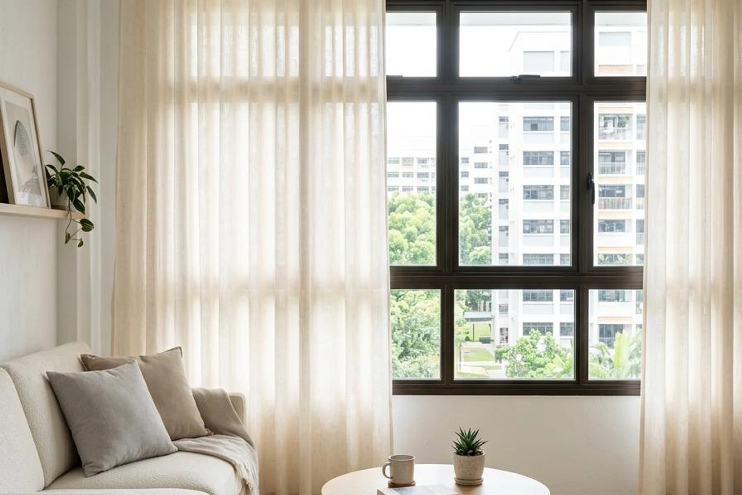 Modern minimal HDB living room with ripple-fold curtains in natural light