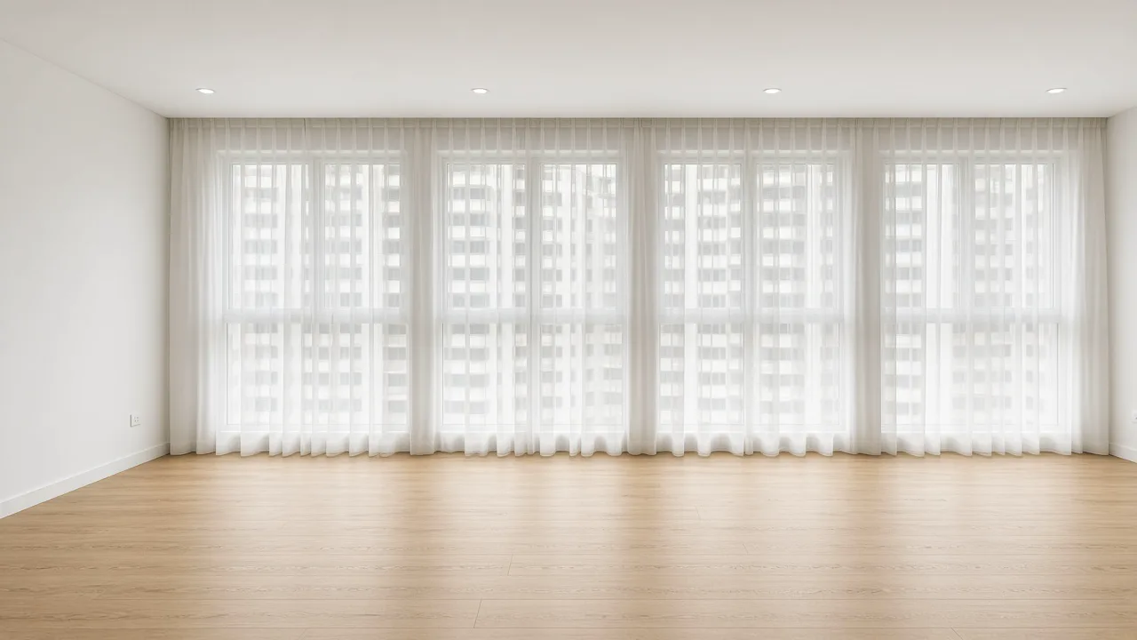 Floor-to-ceiling off-white day sheers in a bright Singapore BTO living room overlooking neighbouring HDB blocks.