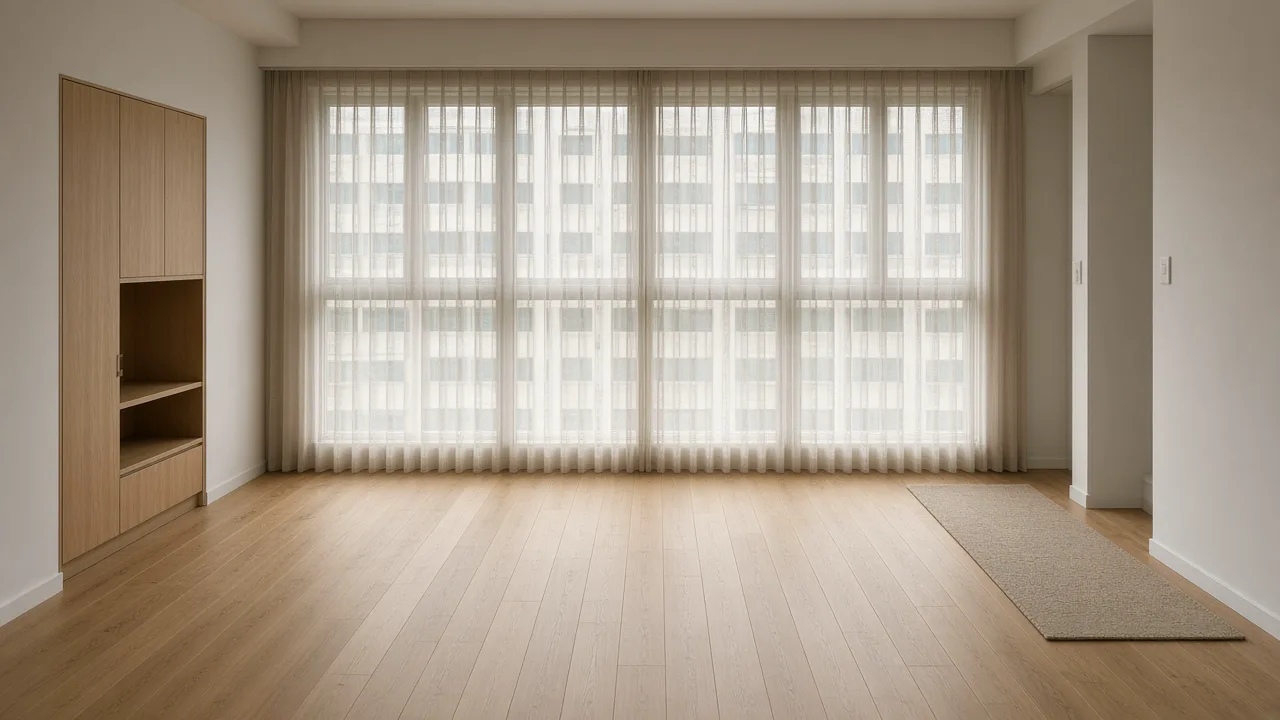 Floor-to-ceiling beige day sheers in an empty Singapore BTO living room overlooking neighbouring HDB blocks after key collection.