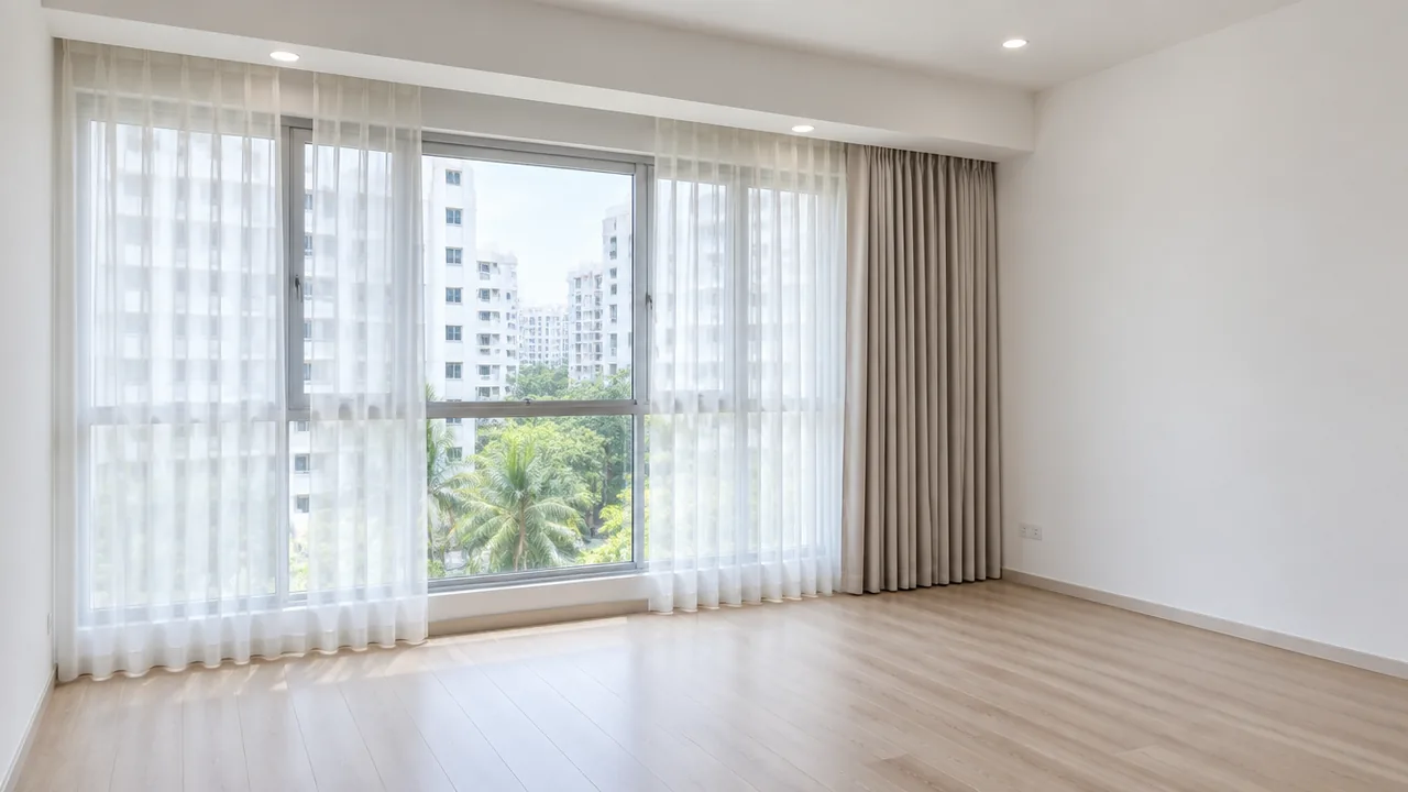 Soft white day sheers and stacked beige night curtains on aluminium HDB casements in an empty Singapore BTO living room overlooking neighbouring blocks.