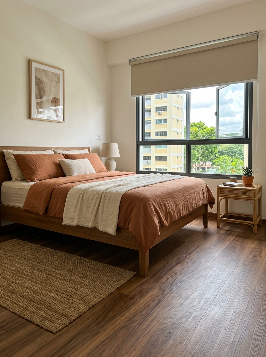 Earthy organic HDB bedroom with woven jute accent rug