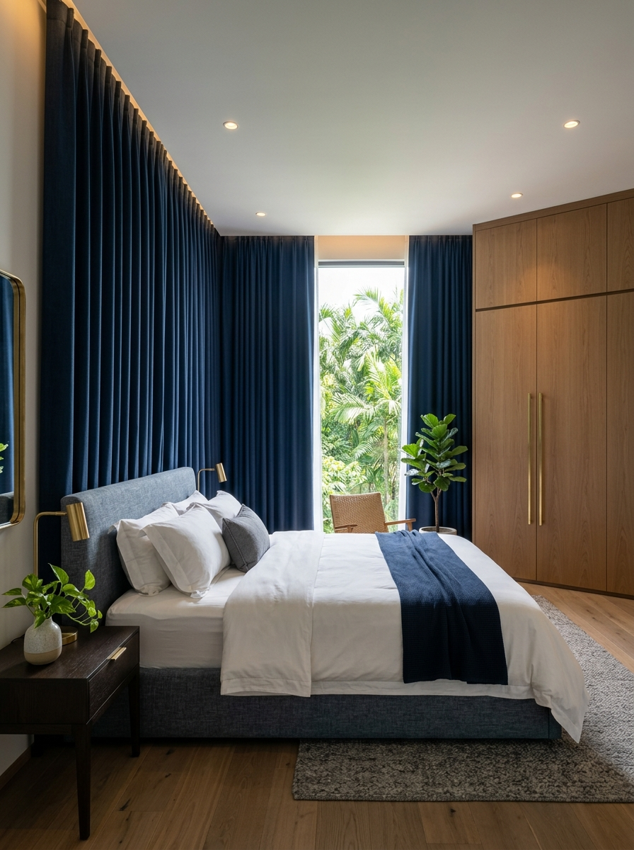 Luxury modern condo bedroom with navy blockout curtains