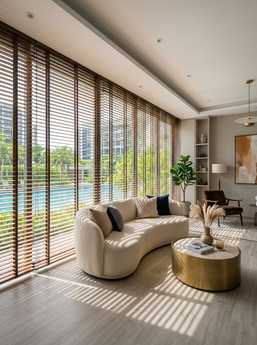 Luxury modern condo living room with walnut venetian blinds