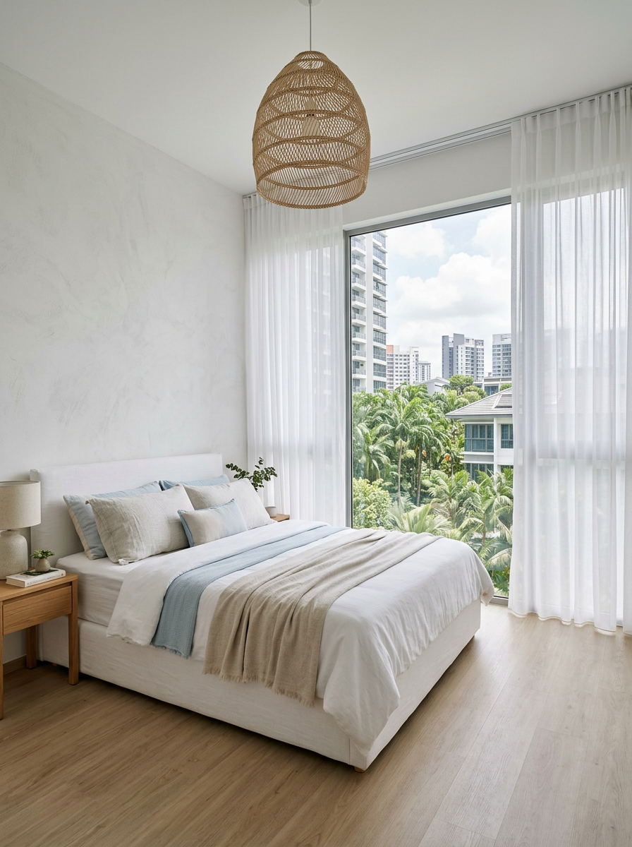 Coastal Scandi condo bedroom with white sheer curtains