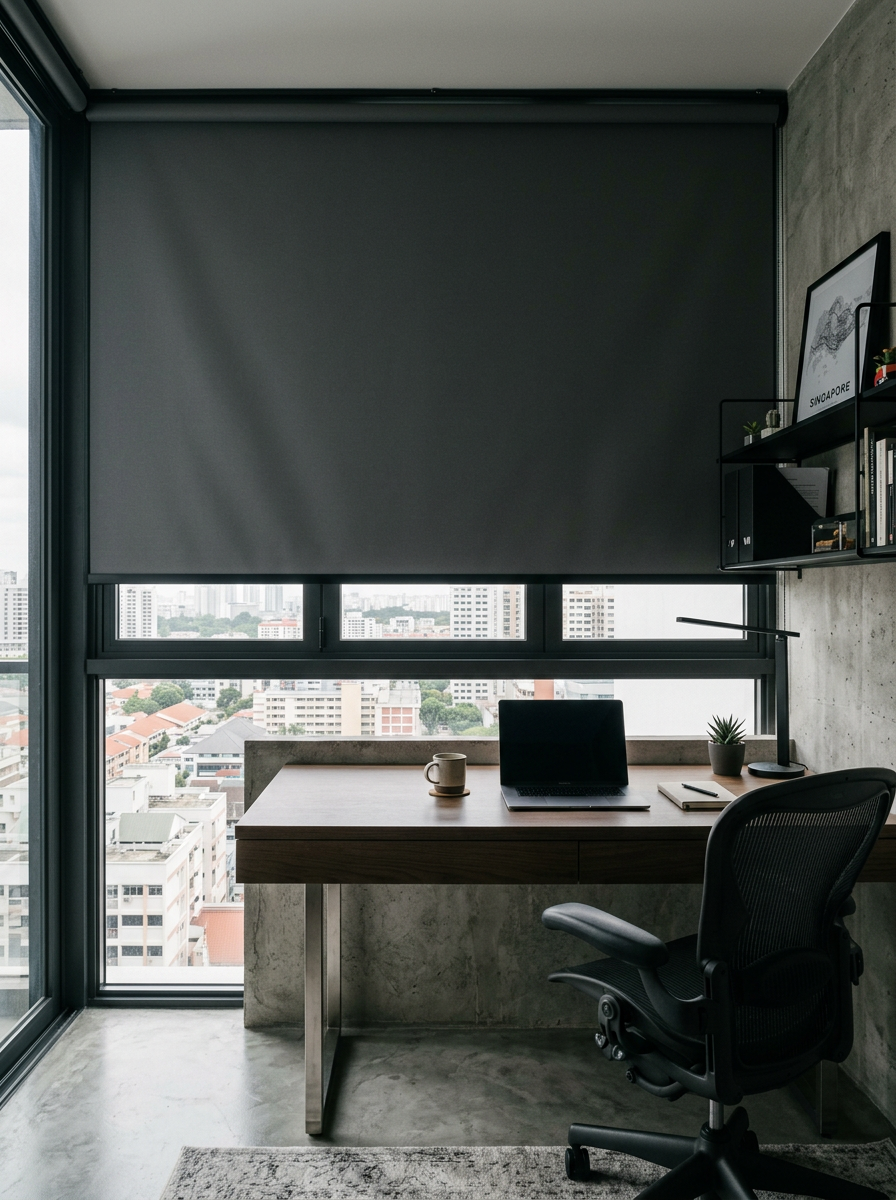 Industrial condo study with charcoal blackout roller blind