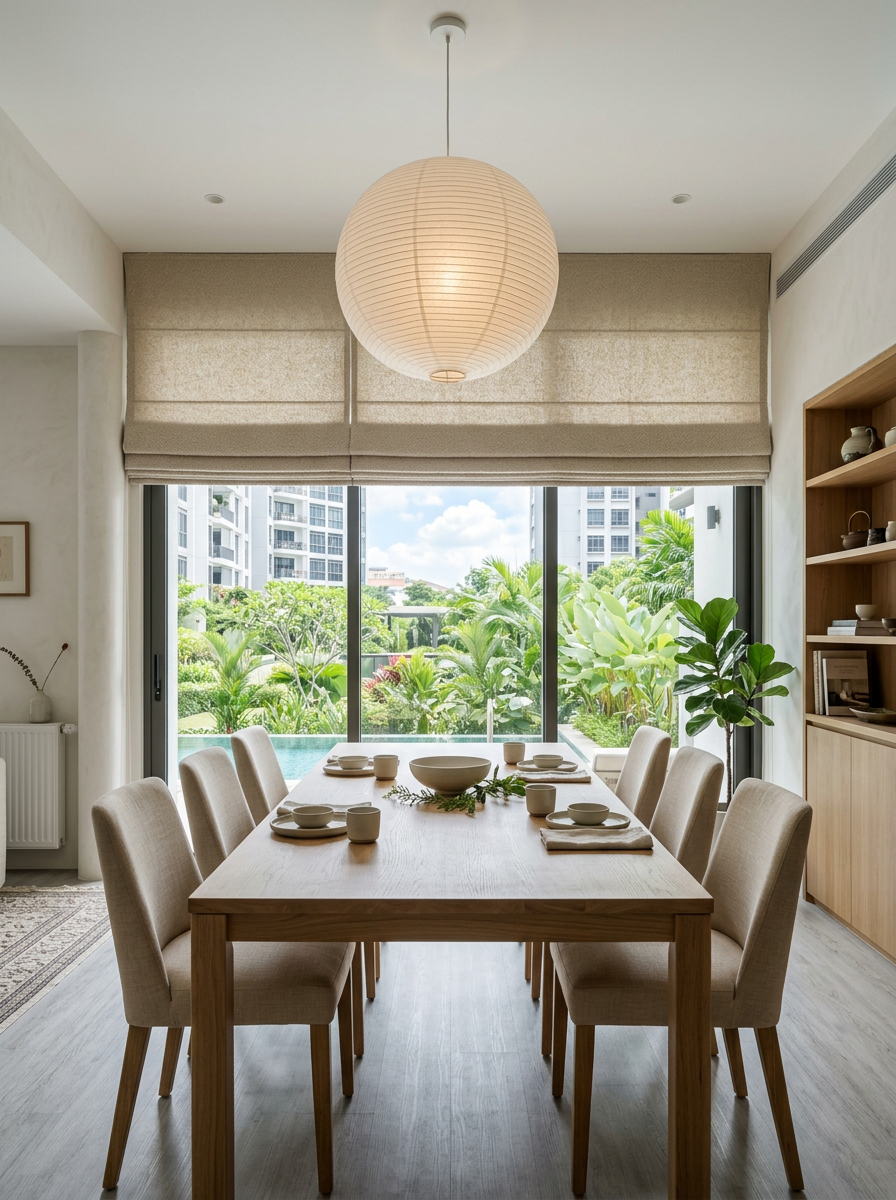 Japandi condo dining area with oatmeal roman blind