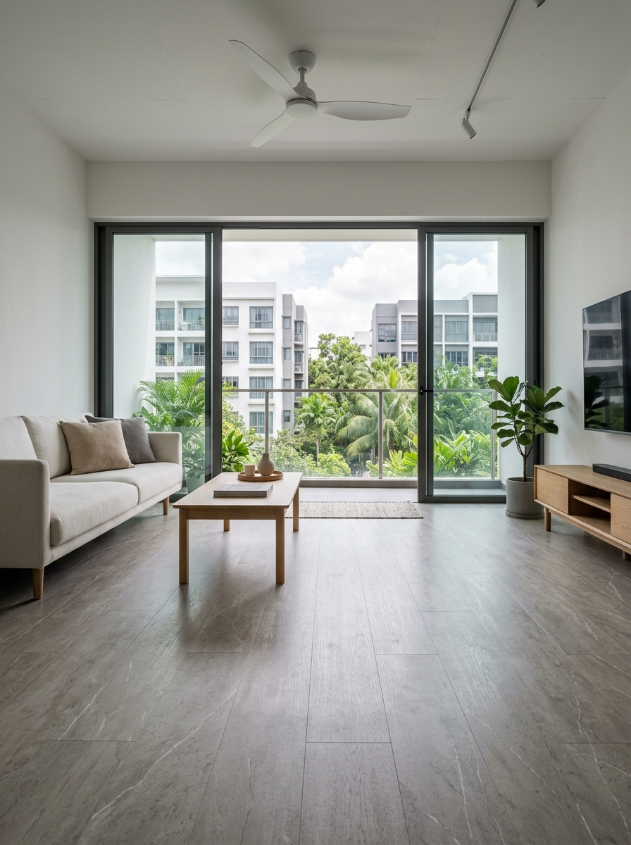 Modern minimal condo living room with large format SPC flooring