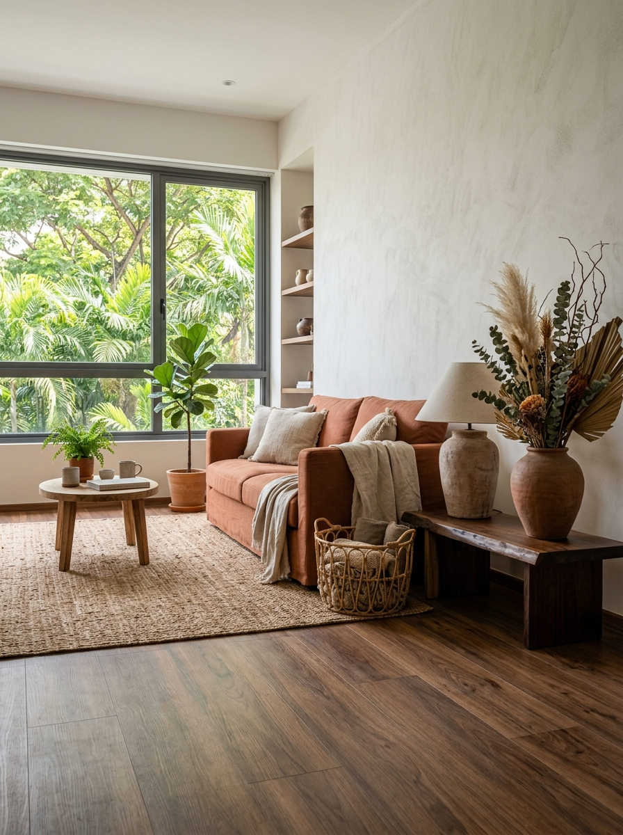 Earthy organic condo living room with warm walnut vinyl flooring