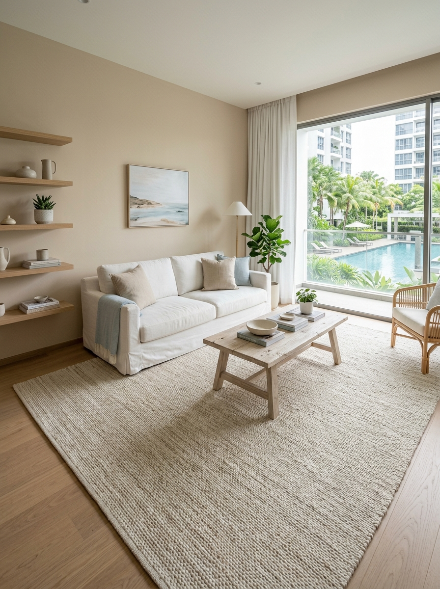Coastal Scandi condo living room with flatweave coastal accent rug