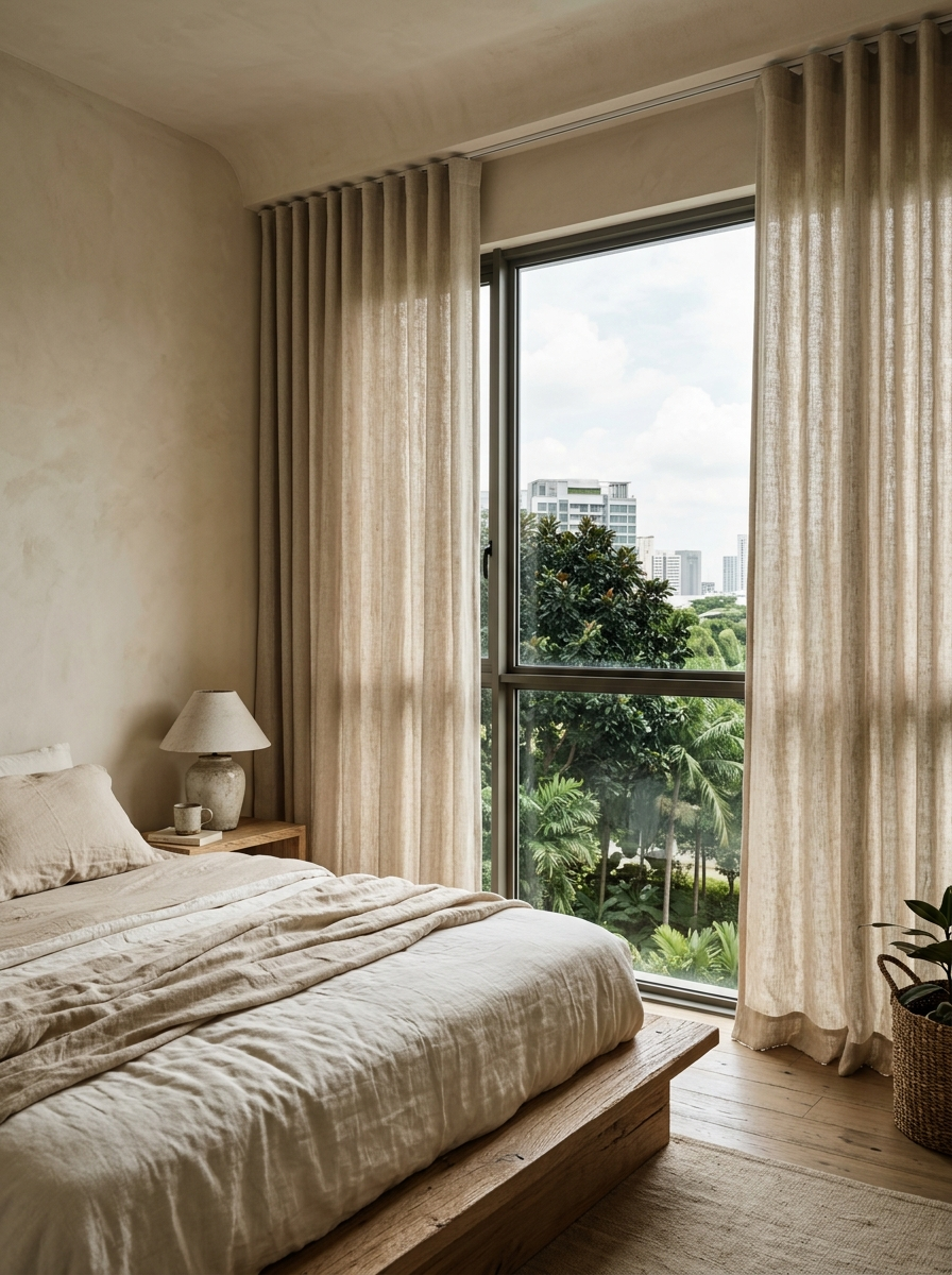 Wabi-sabi condo bedroom with oatmeal ripple-fold curtains