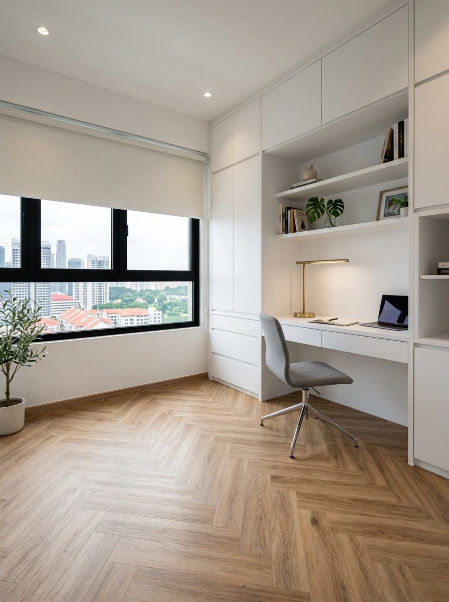 Luxury modern condo study with herringbone light oak vinyl flooring