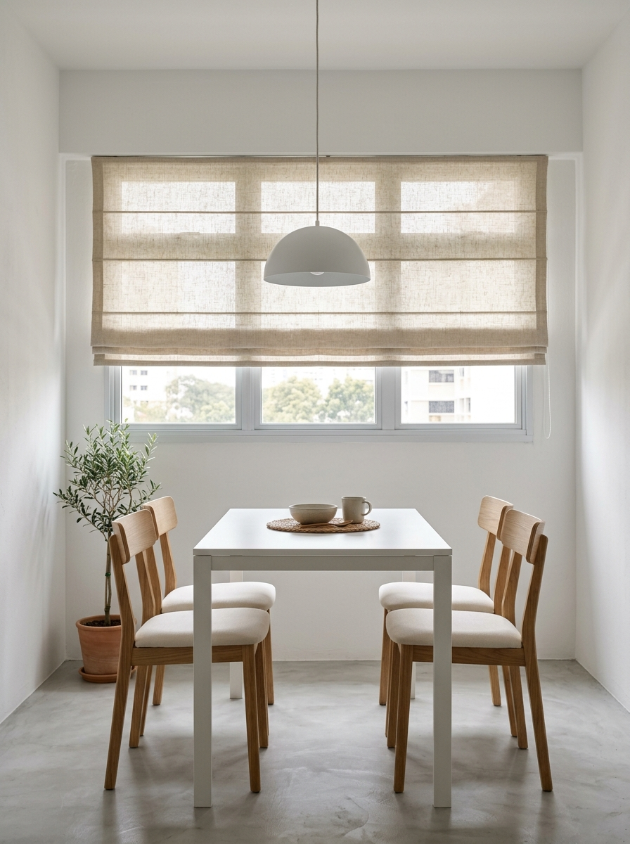 Modern minimal HDB dining area with roman blind