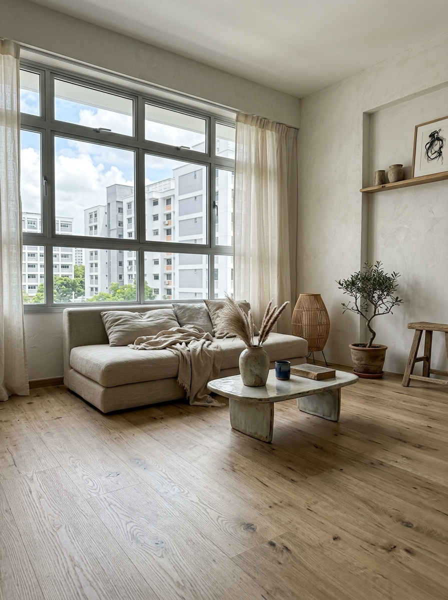 Wabi-sabi HDB living room with light oak vinyl plank flooring