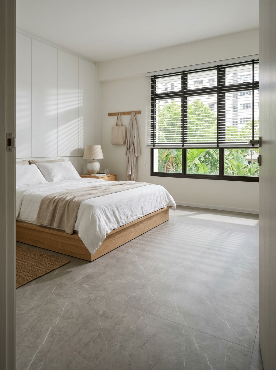 Japandi HDB bedroom with grey-beige SPC marble-look flooring