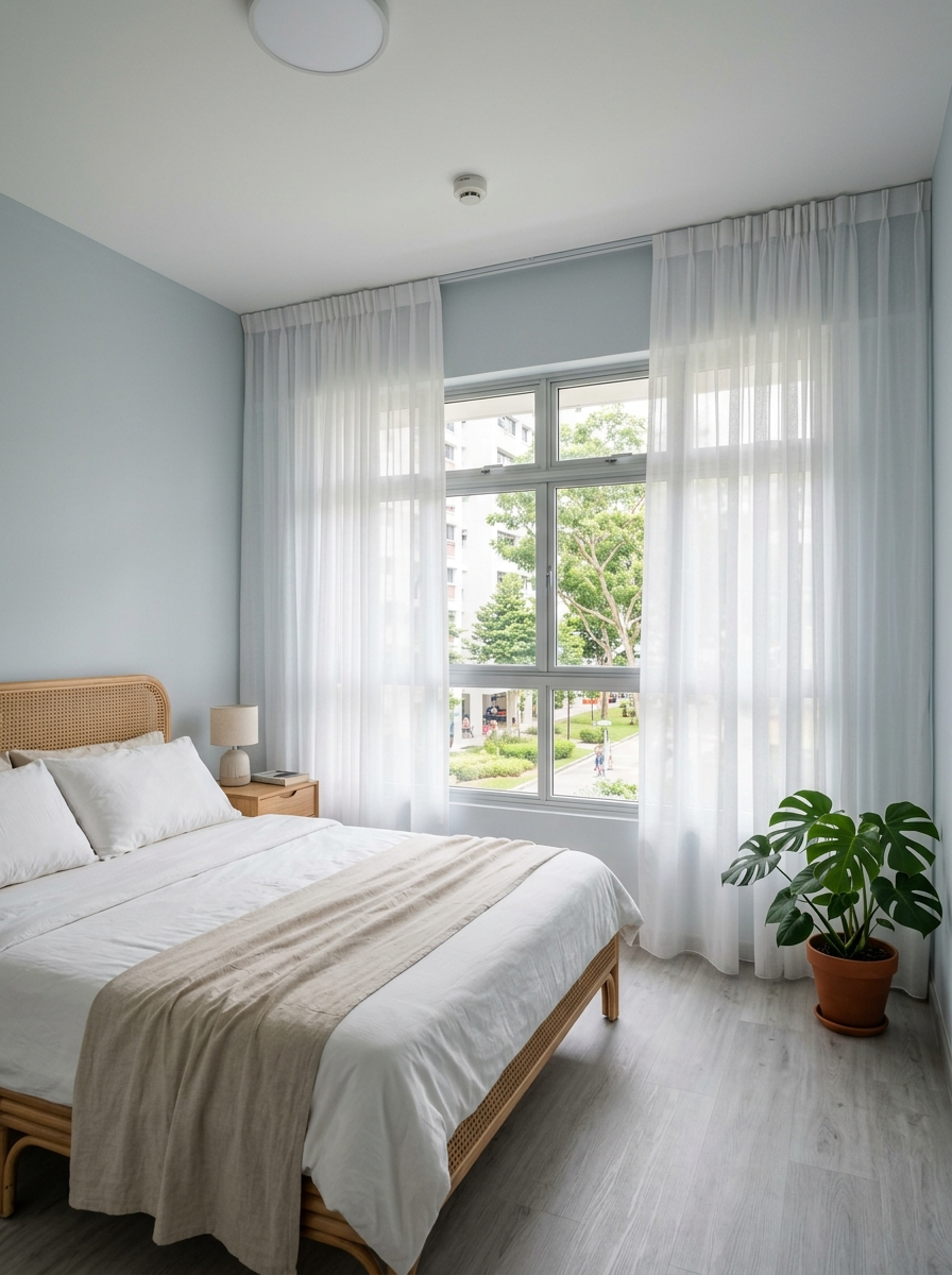 Coastal Scandi HDB bedroom with white sheer curtains