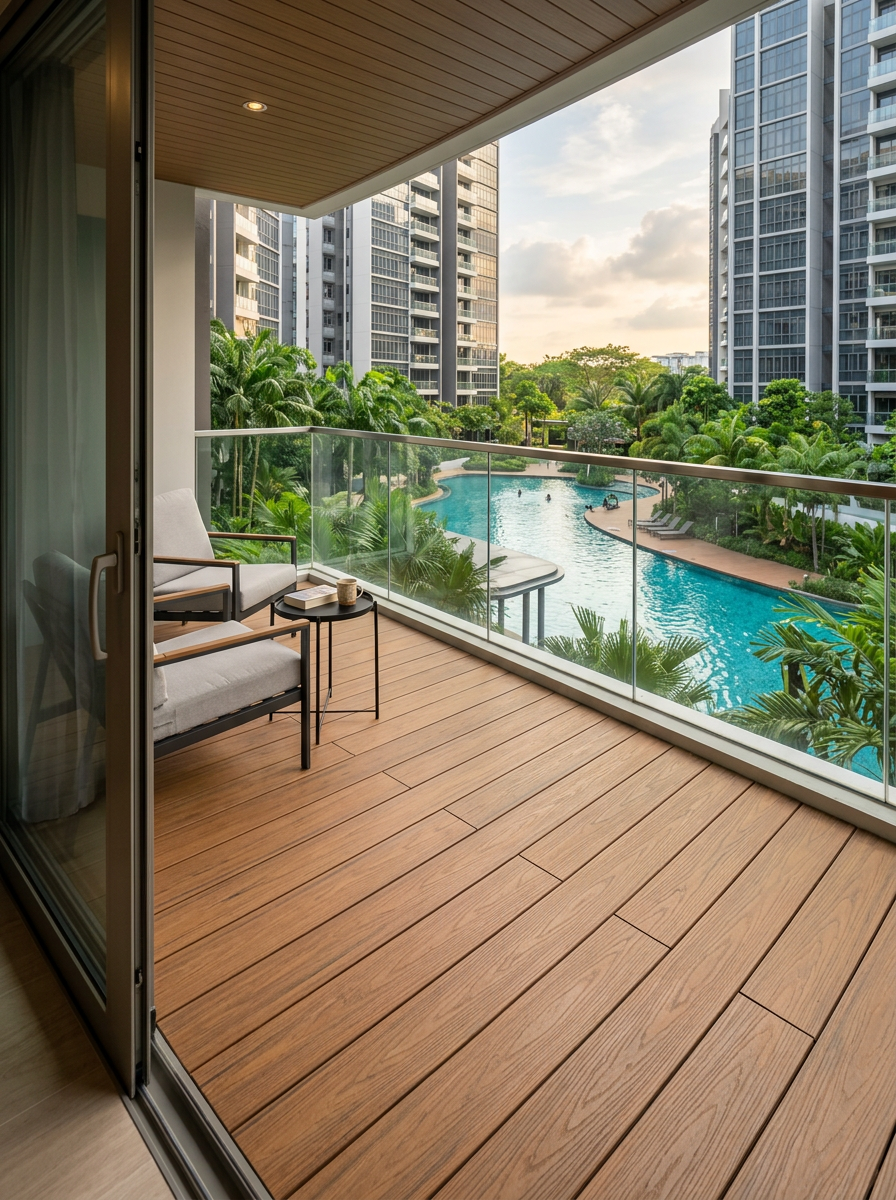 Luxury modern condo balcony with teak composite decking