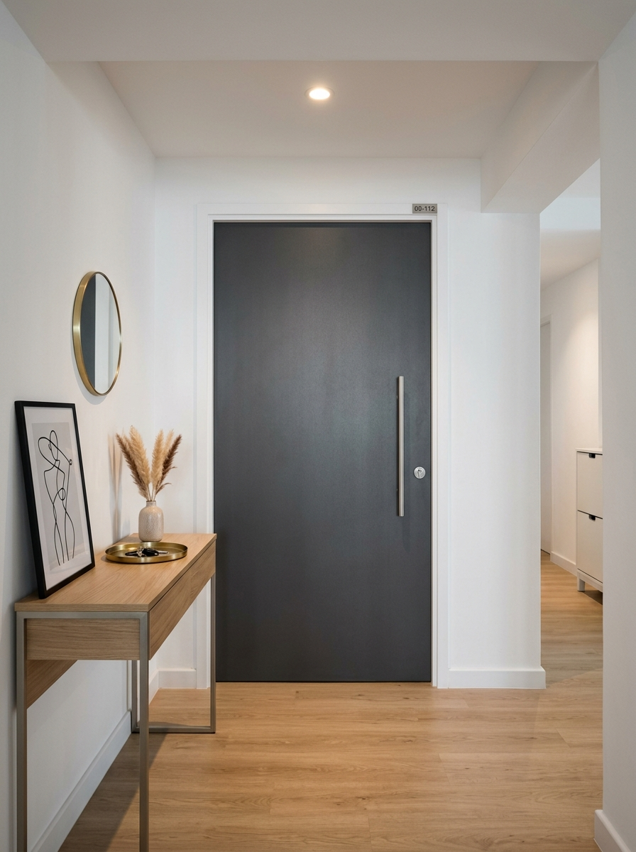Modern minimal HDB entrance with charcoal grey custom main door