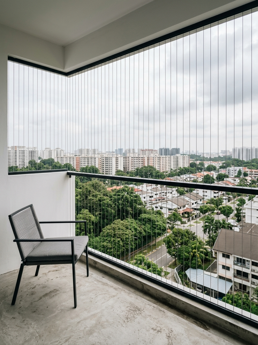 Modern minimal condo balcony with invisible grille at parapet