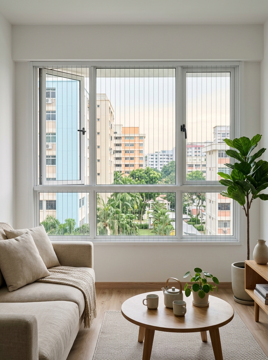 Japandi HDB living room window with invisible grille