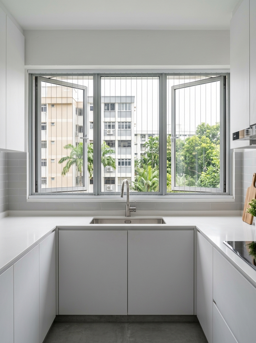 Modern minimal HDB kitchen window with invisible grille