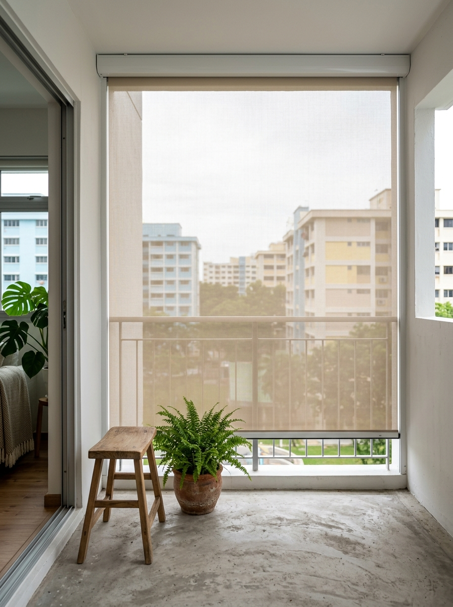 Earthy organic HDB balcony with sand outdoor motorised blind