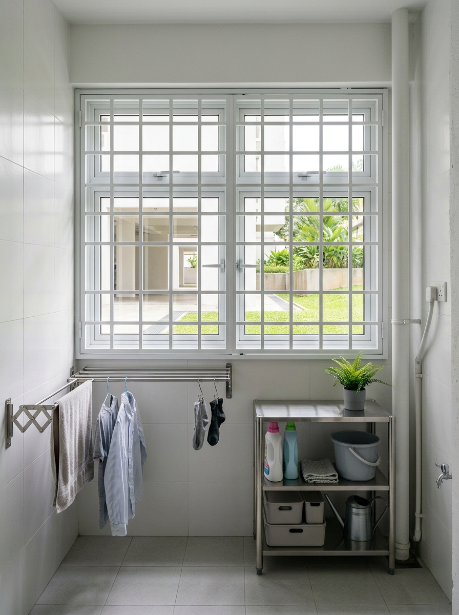 Modern minimal HDB kitchen with white geometric window security grille