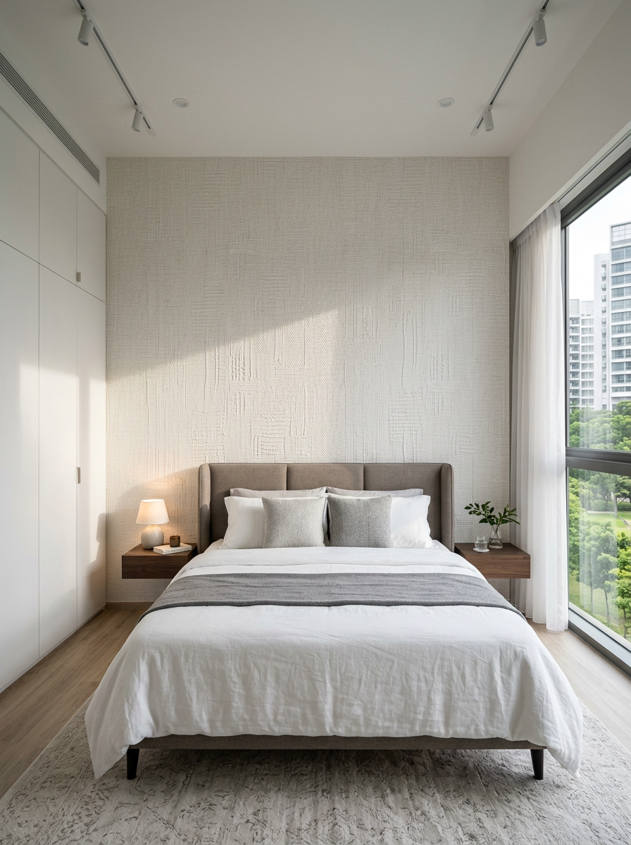Luxury modern condo bedroom with Korean linen-look wallpaper feature wall